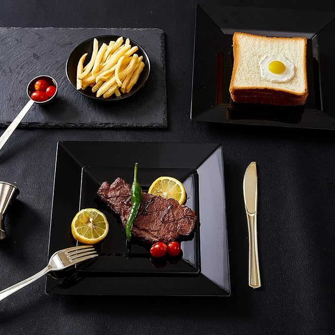 N9R 60PCS Black Plastic Plates Square, 30 Dinner & 30 Dessert Plates Heavy Duty, Fancy Disposable Plates for Party, Wedding and other Events