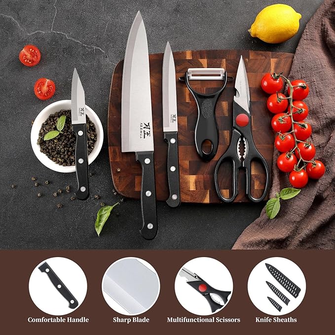 5 Pieces Kitchen knife Set, Knife Set Without Block with Sheathes, Stainless Steel Sharp Blade and Comfortable Handle, Chef Knife Set with Kitchen Scissors and Peeler for Cooking
