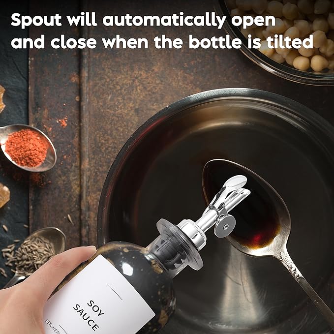 Oil Dispenser for Kitchen - Glass Olive Oil Bottle Set of 2 (16.9oz) with Silver Stainless Steel Weighted Self-Closing Pourer - Cooking Oil Dispenser with 66 Labels, Aligner & Funnel