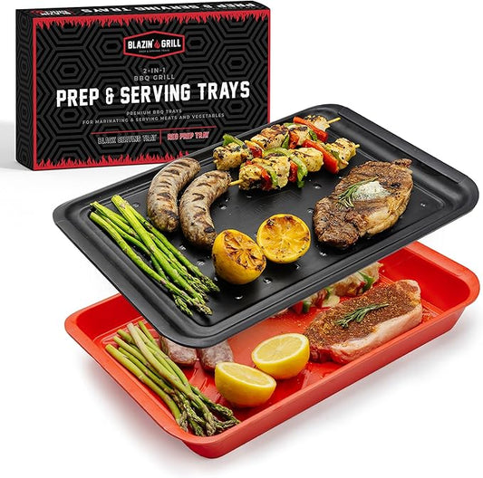 AVIEUS Grill Prep and Serve Trays | Set of 2 Stackable, Melamine Trays | Serving Tray & Marinating Tray | Serving Platter for Plating Food & BBQ Prep Tub for Marinating Meats | Grill Accessories |