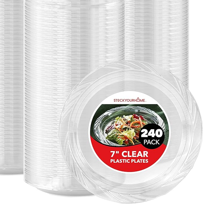 Stock Your Home 240-Count, 7 Inch Clear Plastic Plates, Flexible, Disposable Heavy Duty Party Dinner Plate, for Wedding Reception, Holiday Parties, Cake, Dessert, Appetizers, Salad, Medium Size