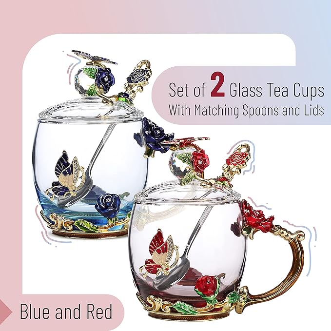 BTaT- Floral Glass Tea Cups with Lids & Spoon Set, Pack of 2, 11 oz, Blue & Red, Flower Design with Gift Box, Fancy Tea Cups, Dishwasher Safe