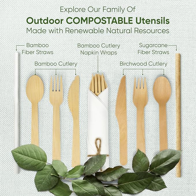 Premium Pre-Rolled Napkin and Bamboo Cutlery Set (50 Pack, 200 PCS) 100% Biodegradable, Eco-Friendly, Disposable Wrapped Cutlery - Includes Pre-Wrapped Bamboo Forks, Knives, Spoons, & Napkins