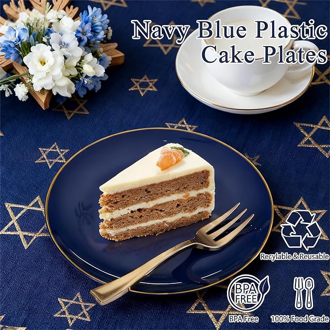 Festiva 200Pcs Navy Blue Gold Dessert Plates 6.3" with Plastic Forks 5"- Small Disposable Plates- Dessert/Cake/Appetizer Plastic Plates include 100Plates 100Forks for Birthday Party & Ramadan