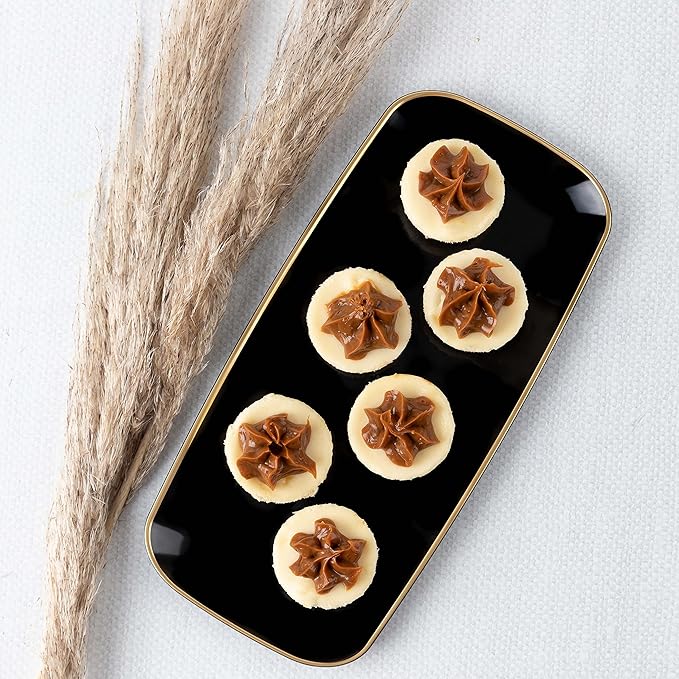 Plasticpro Plastic Serving Trays - Serving Platters Disposable Party Dish White, (2, Round Black Tray with Gold Rim)