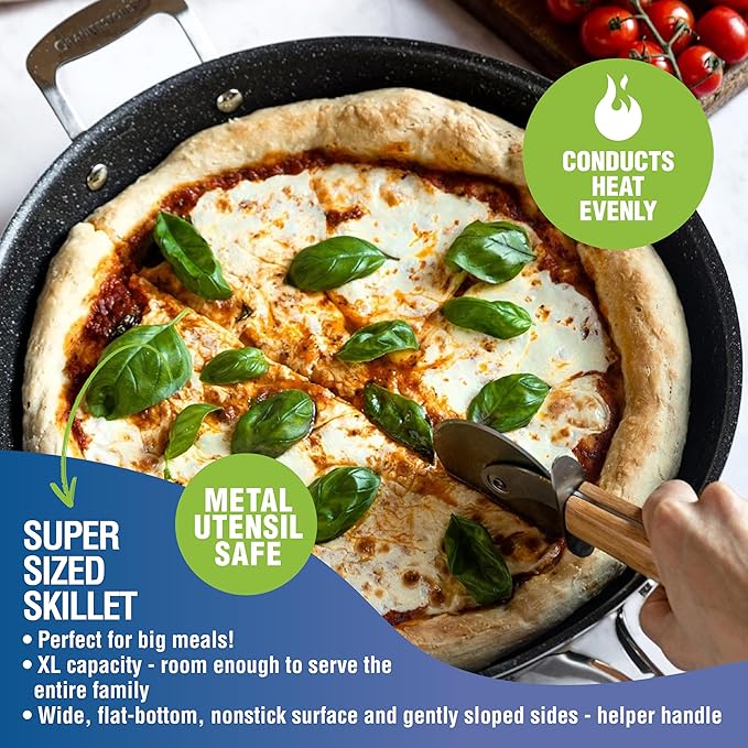 Granitestone 14” Frying Pan with Lid, Large Non stick Frying Pan for Cooking, Frying Pan Nonstick, Ultra Durable Mineral and Diamond Coating, Family Sized Open Skillet, Oven and Dishwasher Safe, Black