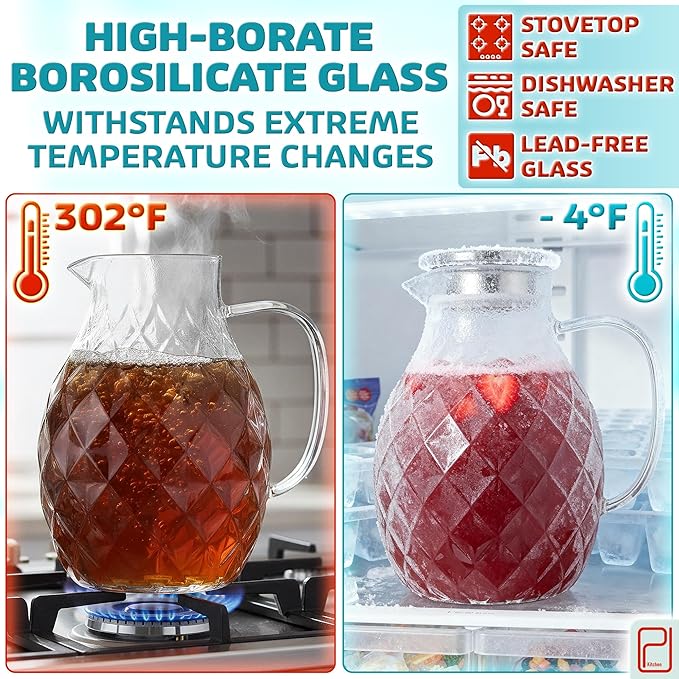 Premium Borosilicate Glass Pitcher with Lid and Spout - 2 Liter / 68 oz, Borosilicate Glass with Handle - Carafe for Hot/Cold Beverages - Water Jug - Iced Tea Pitcher - Juice Server