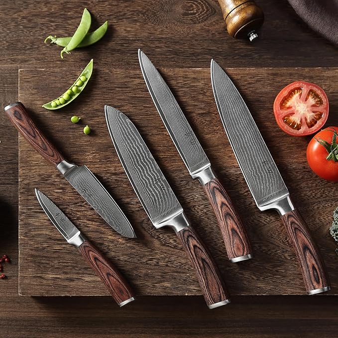 Wakoli EDIB 5-Piece Damascus Knife Set, Professional Kitchen Knives made of 67-Layer Damascus Steel with VG10 Core Blades, Ergonomic Pakkawood Handles, In Wooden Gift Box