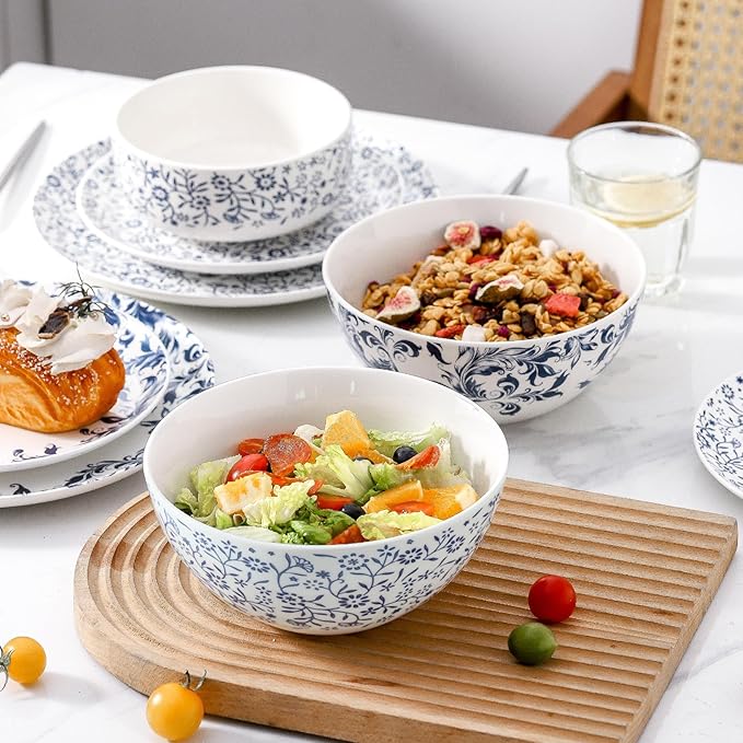 Blue Serving Bowls Set of 2, 42 oz Large Soup Bowl, Ceramic Pho Bowls for Cereal Salad Ramen Pasta Fruit, Blue and White bowls for Entertaining, Microwave Dishwasher Safe, Vintage