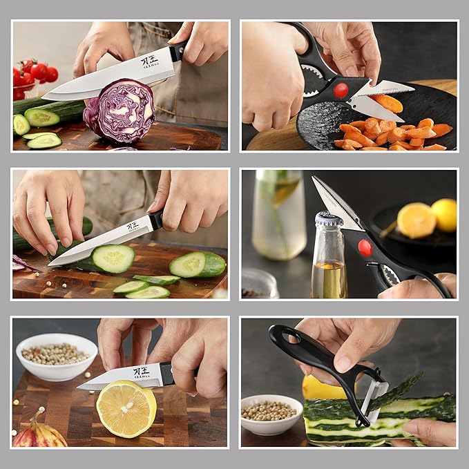 5 Pieces Kitchen knife Set, Knife Set Without Block with Sheathes, Stainless Steel Sharp Blade and Comfortable Handle, Chef Knife Set with Kitchen Scissors and Peeler for Cooking
