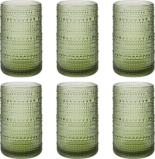 Vintage Hobnail Drinking Glasses Set of 6, 16 oz Large Capacity Embossed Green Tumblers, Highball Glasses for Water, Cocktail, Beer, Whiskey, Kitchen & Bar Use