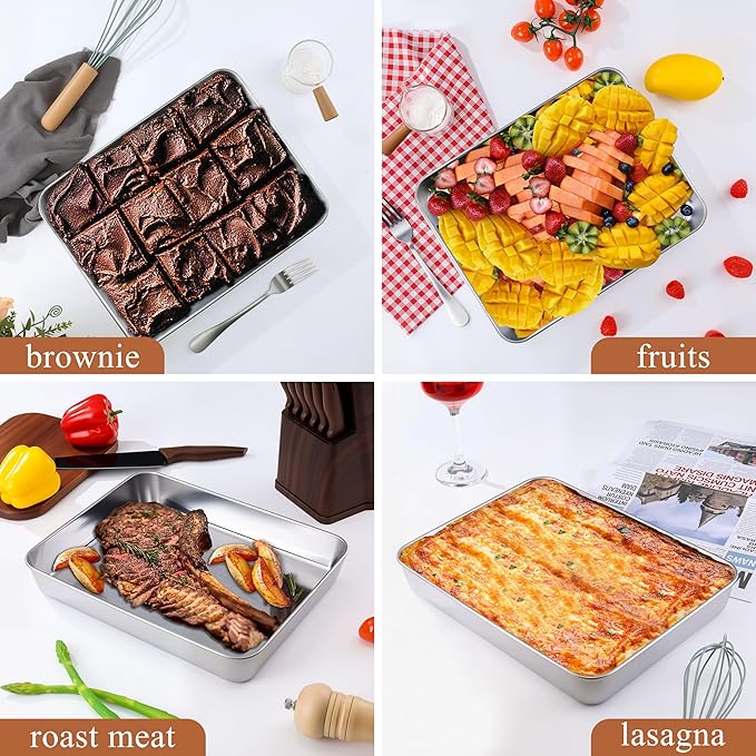 LIANYU 12⅓ x 9¾ x 2 Inch Baking Cake Pan, Rectangle Bakeware for Lasagna Brownies Casseroles, Stainless Steel Toaster Oven Pan, Dishwasher & Oven Safe