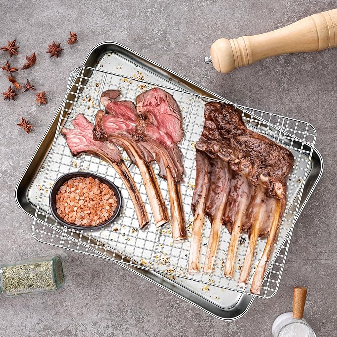 Baking Sheet with Wire Rack Set (1 Pan+1 Rack), Homikit 16" x 12" Stainless Steel Cookie Bacon Pan for Oven, Nonstick Jelly Roll Pan Baking Tray with Grid Cooling Rack for Cook Roast, Dishwasher Safe
