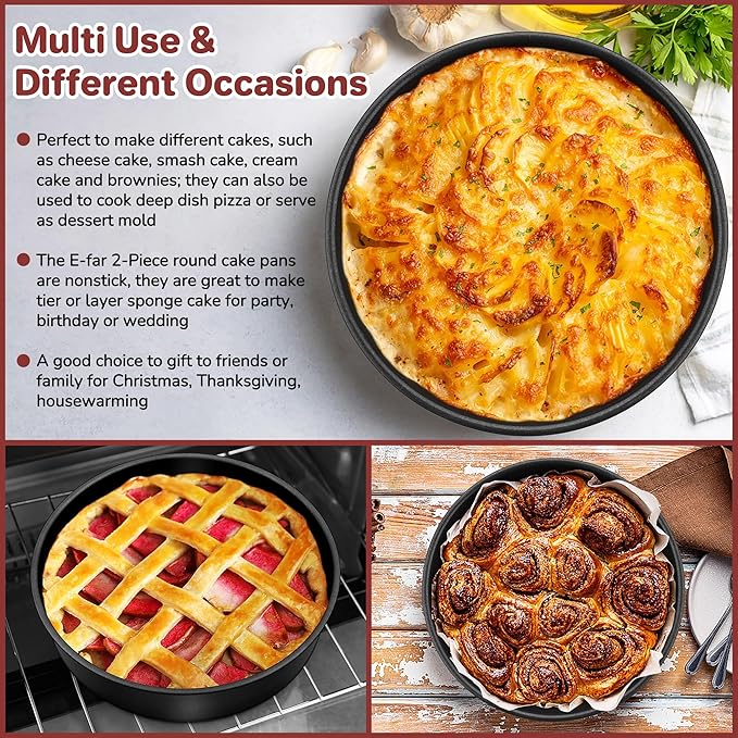 E-far 9½ Inch Cake Pans Set of 2, Nonstick Round Baking Pans Tins Set for Birthday Wedding Layer Smash Cakes, Stainless Steel Core & Nontoxic Coating, Straight Side & 2 Inch Deep (Black)