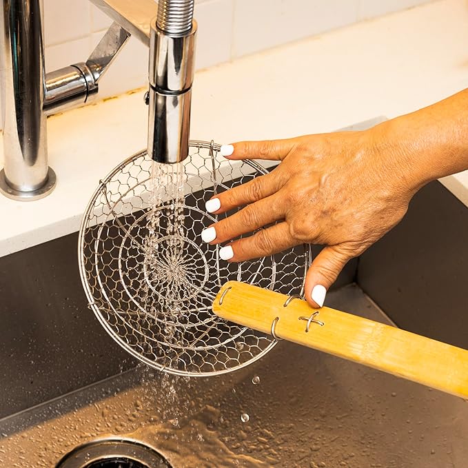 Joyce Chen Kitchen Spider Strainer Stainless Steel 7-Inch Wire Basket with Heat-Resistant Bamboo Handle