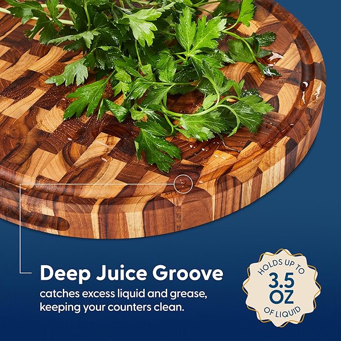 Sonder Los Angeles Vincent Round Cutting Board | Teak End Grain Cutting Board for Kitchen with Juice Groove | Perfect for Pizza & Charcuterie | Gift Box Included | 15x15x1.5 in