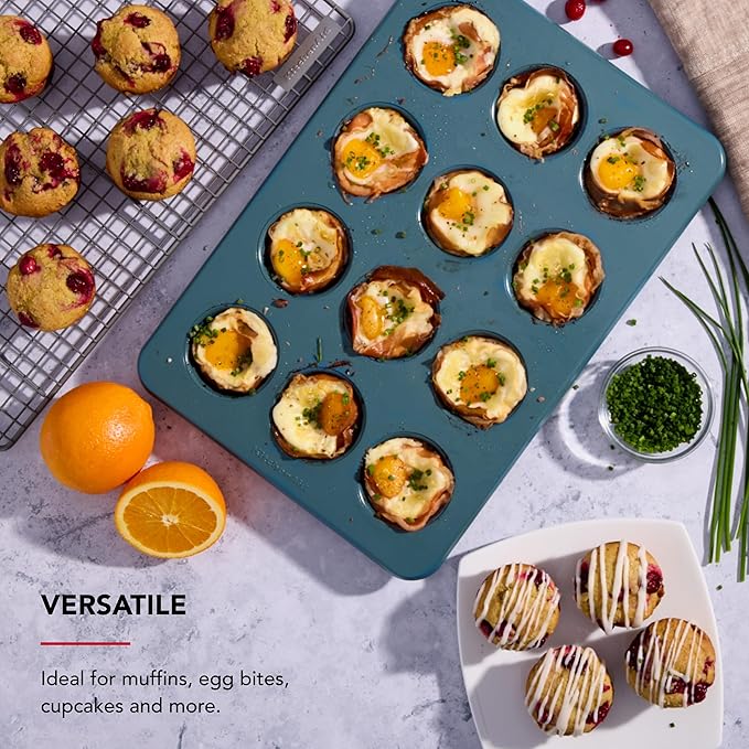 KitchenAid Nonstick Swiss Engineered Aluminized Steel Muffin Pan, Dishwasher Safe, Agave, 12 Cup