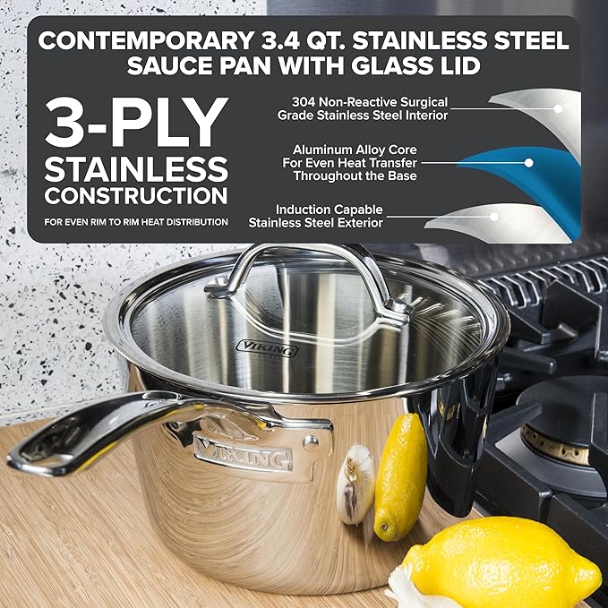 Viking Contemporary 3-Ply Stainless Steel Sauce Pan with Glass Lid, 3.4 Quart Saucepan Cooking Pot, Dishwasher and Oven Safe, Induction Ready, Silver