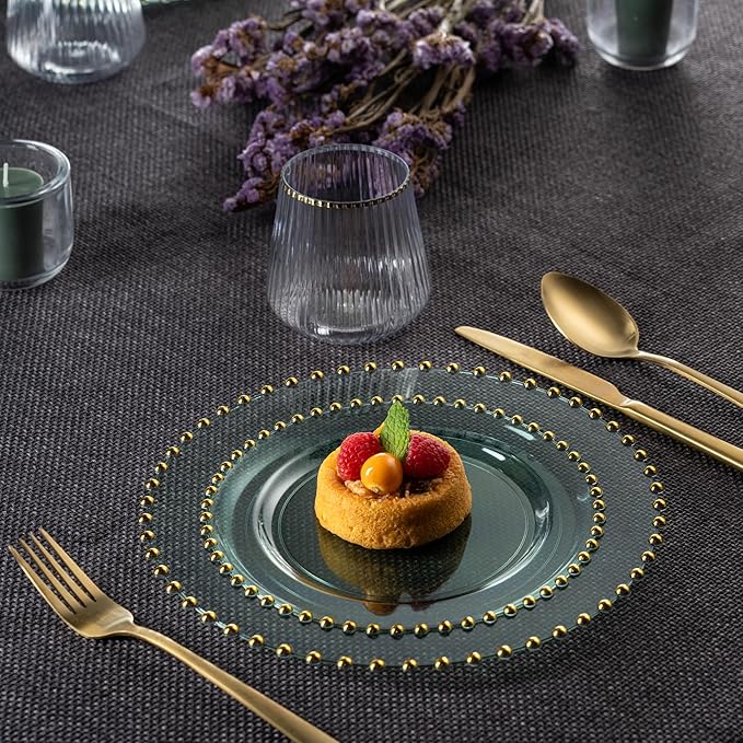 PLASTICPRO 32 Piece Combo Plastic Dinner Plates Disposable Plastic Fancy Heavy Duty Party Dishes 7 inch and 10 inch, Translucent Green and Gold Beaded
