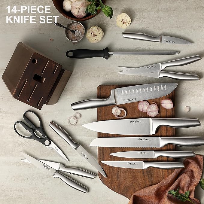 Knife Block Set, Kitchen Knife Sets with Block, FIKSHOT Knives Set - Razor-Sharp Santoku Knives, Fruit and Kitchen Sets - Rust Resistant for Homecooks (Silver + Walnut)