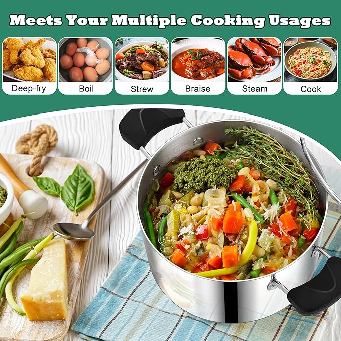 6 Quart 3-Ply Cooking Stock Pot with Lid, P&P CHEF Stainless Steel Large Pot for Pasta Soup, Work on Multi Stove, Heavy Duty & Dishwasher Safe, Dual Heat-resistant Handles & Transparent Glass Lid