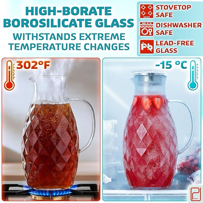 Premium Borosilicate Glass Pitcher with Lid and Spout - 3 Liter / 100 oz, Borosilicate Glass with Handle - Carafe for Hot/Cold Beverages - Water Jug - Iced Tea Pitcher - Juice Server