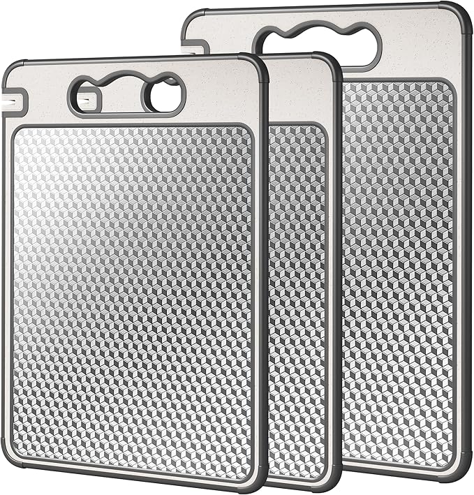 3Pcs Cutting Board Set for Kitchen, 16"*11"(1pack)&14.4"*9.8"(2pack), Double Sided 304 Stainless Steel & Wheat Straw, Scratch Resistant Mesh Design, Non Toxic Chopping Board for Meat, Dishwasher Safe