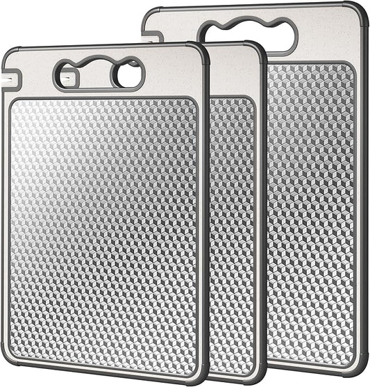 3Pcs Cutting Board Set for Kitchen, 16"*11"(1pack)&14.4"*9.8"(2pack), Double Sided 304 Stainless Steel & Wheat Straw, Scratch Resistant Mesh Design, Non Toxic Chopping Board for Meat, Dishwasher Safe