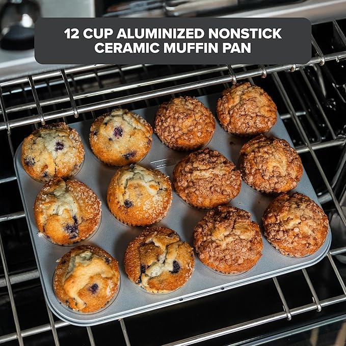 Viking Premium Nonstick Ceramic Muffin Pan, Made without PFAS, 12 Cup Heavy Gauge Aluminized Steel Cupcake Baking Pan with Reinforced Iron Frame, Even Heating Muffin Tin, Oven Safe for 475F, Silver