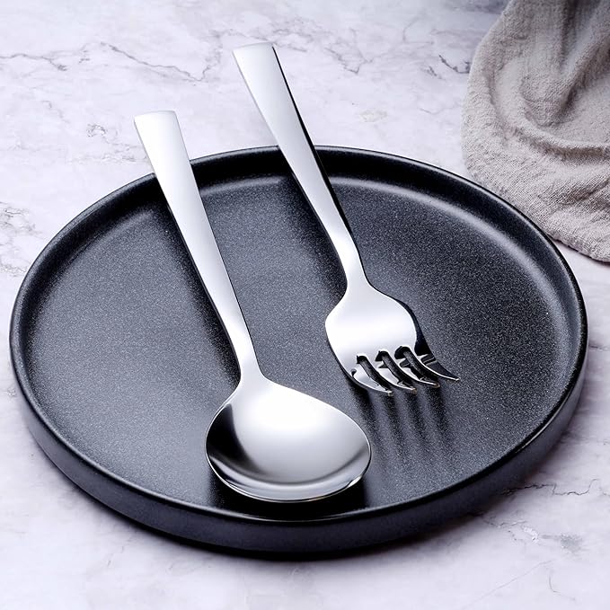 E-far Serving Utensils Set of 6, Stainless Steel Large 2 Serving Spoons 2 Slotted Spoons 2 Forks for Buffet/Parties/Catering, Mirror Polished & Dishwasher Safe