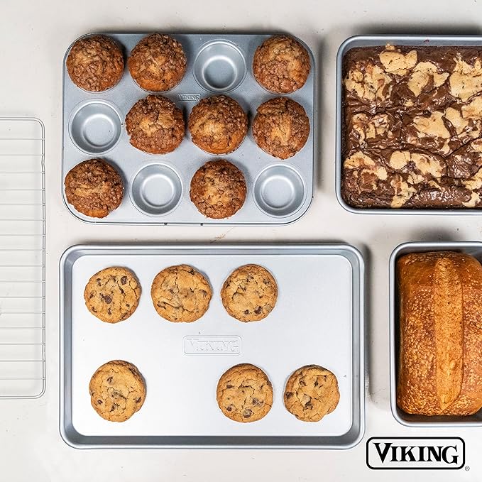 Viking Premium Nonstick Ceramic Muffin Pan, Made without PFAS, 12 Cup Heavy Gauge Aluminized Steel Cupcake Baking Pan with Reinforced Iron Frame, Even Heating Muffin Tin, Oven Safe for 475F, Silver