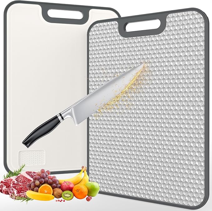 18/8 Stainless Steel Cutting Board, Large Double Sided Chopping Board for Kitchen (17x12"), Food-Grade 304 & Wheat Straw PP, Deep Juice Grooves, non Toxic, Non-Slip & Dishwasher Safe