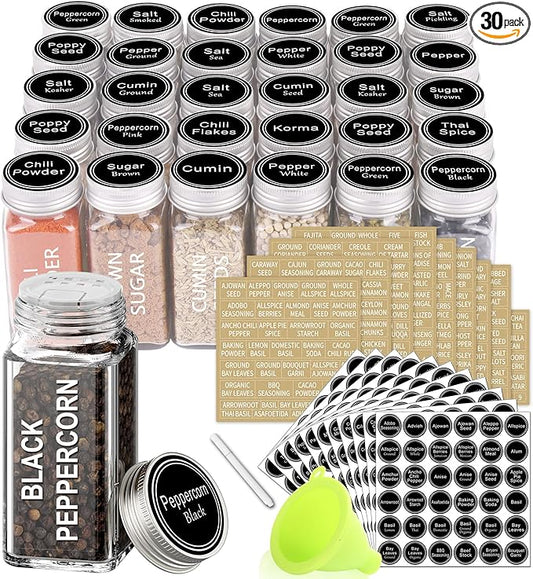SWOMMOLY 30 Glass Spice Jars 4oz/Square Spice Bottles with 703 Spice Labels, Empty Spice Containers with Pour/sift Shaker Lid, Airtight Cap, Chalk Marker and Funnel Complete Set