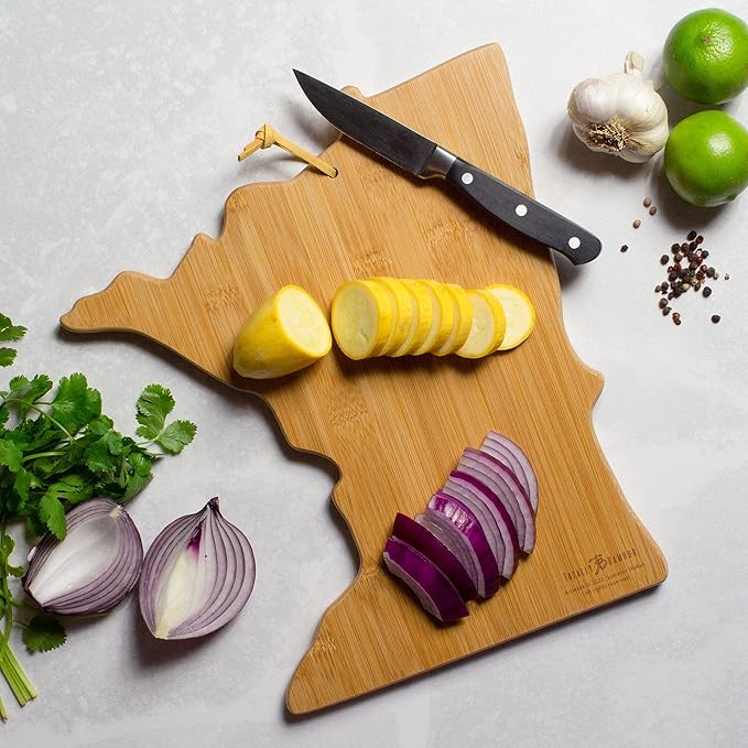 Totally Bamboo Minnesota State Shaped Cutting Board and Charcuterie Serving Platter with Artwork by Summer Stokes, Includes Hang Tie for Wall Display 11-3/4" x 13-1/4" x 5/8"