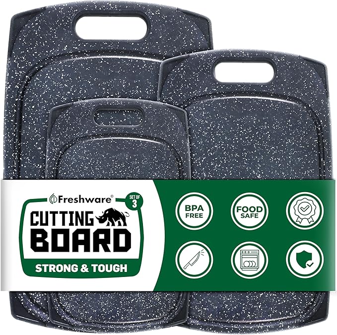 Freshware Plastic Cutting Boards for Kitchen, Cutting Board Set of 3, Juice Grooves with Easy Grip Handle, BPA-Free, Dishwasher Safe, Black Marble
