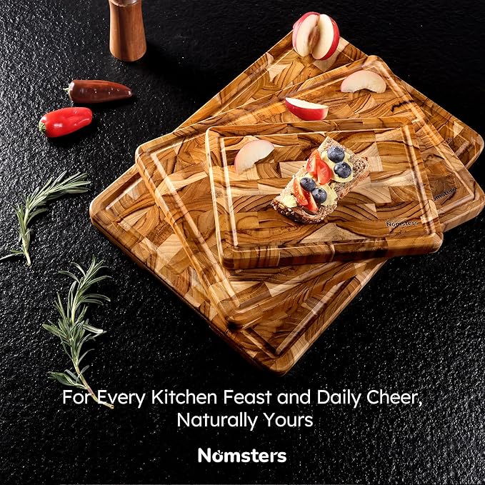 Teak Wood End Grain Cutting Board Set of 3 with Non-slip Feet, Reversible Cutting Boards for Kitchen with Juice Grooves and Handles Non Toxic Chopping Board Butcher Block Serving Tray Kitchen Sets