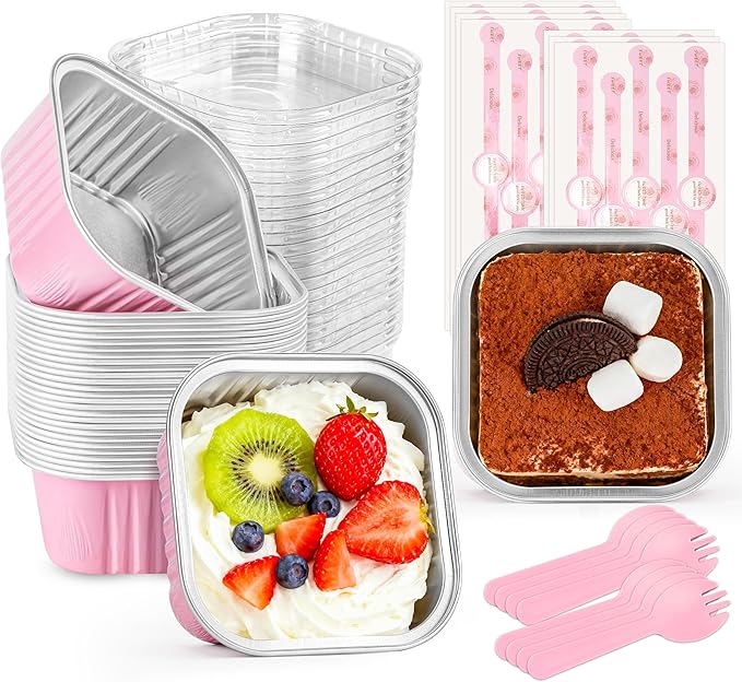 60 Pack Mini Cake Pans with Lids Foil Pans Square Aluminum Pans with Lids Cupcake Liners for Birthday Wedding Party Gift (Pink, 5 oz)