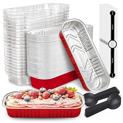 50 PACK Mini Cake Pans with Lids and Spoons, Rectangular Aluminum Foil Bread Pan, Mini Loaf Pans and Food Containers with Lids(Red, 6.8oz)