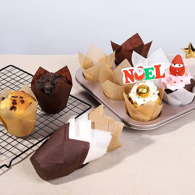 200pcs Brown Tulip Cupcake Liners for Baking Cups European Parchment Paper Tulip Muffin Liners, Nordic Paper Cupcake Wrapper for Party, Christmas, Standard Size