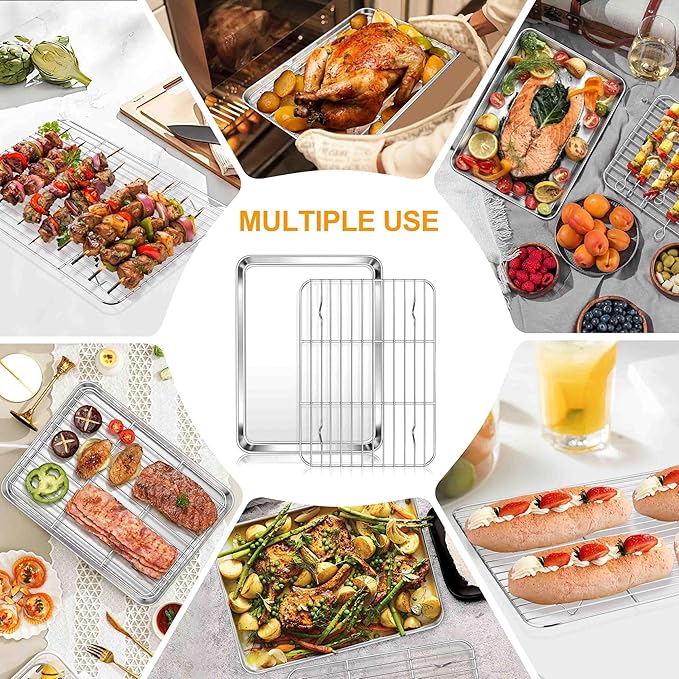 Homikit Quarter Sheet with Rack (1 Pan + 1 Rack), 9x13 Stainless Steel Baking Pan with Wire Cooling Rack for Toaster Oven Roasting, Metal Bacon Cookie Trays Nonstick & Rust Free, Dishwasher Safe