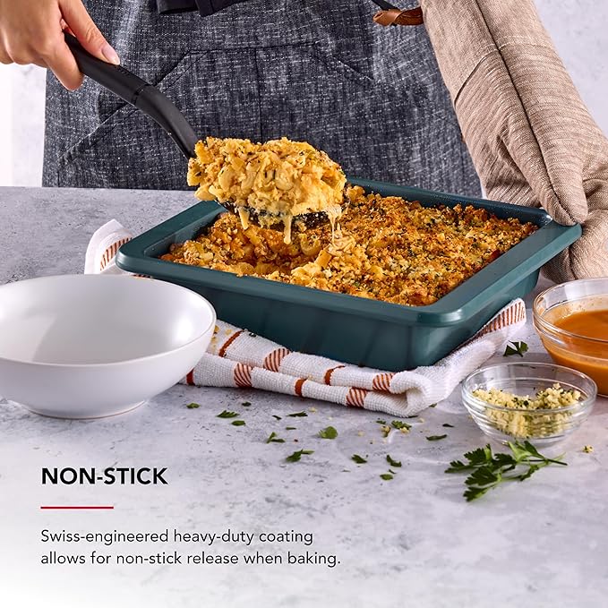 KitchenAid Nonstick Swiss Engineered Aluminized Steel Square Cake Pan, Dishwasher Safe, Agave, 9 Inch