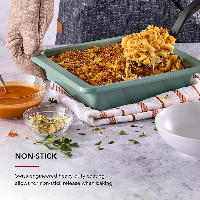 KitchenAid Nonstick Swiss Engineered Aluminized Steel Square Cake Pan, Dishwasher Safe, Cardamom, 9 Inch