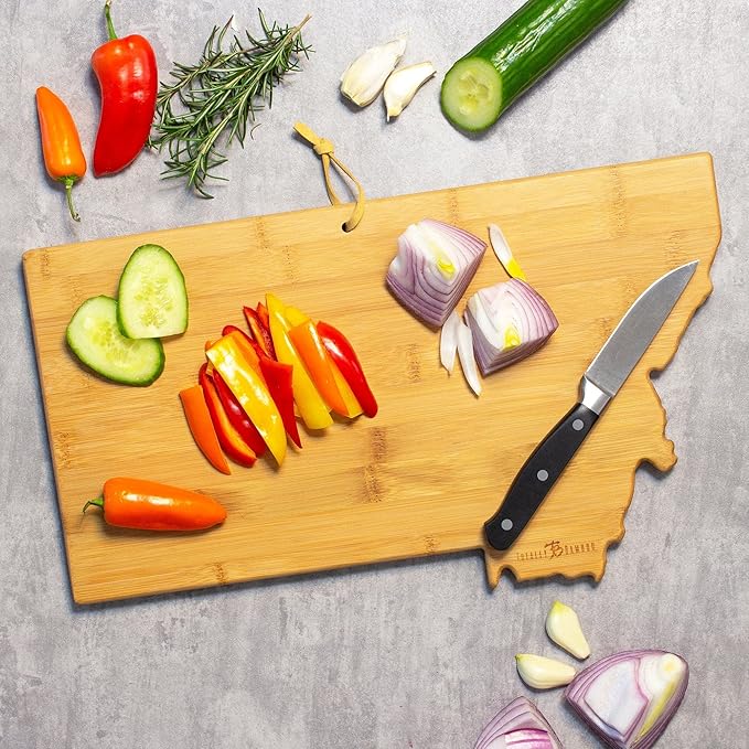 Totally Bamboo Montana State Shaped Cutting Board and Charcuterie Serving Platter with Artwork by Summer Stokes, Includes Hang Tie for Wall Display Varies