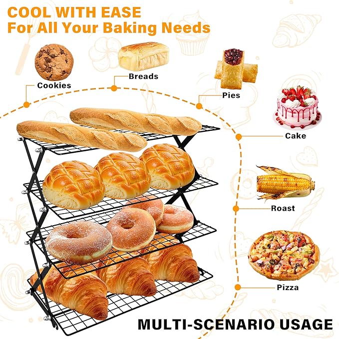 4 Tier Collapsible Cooling Rack, 3 Adjustable Setting Design Wire Baking Rack Stackable Cookies Bread Cooling Racks for Cooking and Baking, Roasting, Drying, Bakers