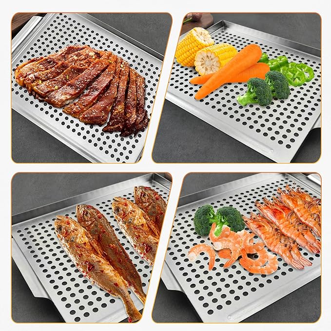 Grill Pan, Nonstick Grill Topper for Outdoor Grilling, Perforated BBQ Tray with Handles for Cooking Vegetable, Fish, Meat, Seafood