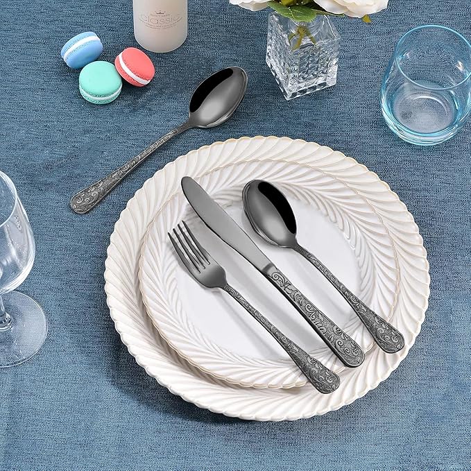 Runfly Vintage Carved Black Stainless Steel 20 Pieces Flatware Set, Black Silverware Set, Modern Embossed Cutlery Set Utensils Including Fork Spoon and Knife
