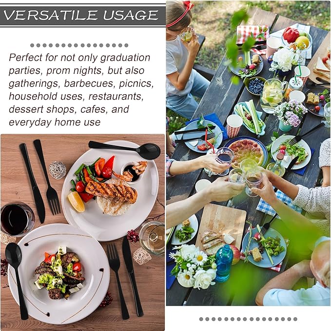 Kochorie 300 Pieces Graduation Black Plastic Silverware Heavy Duty Plastic Cutlery Set Heavyweight Disposable Utensils Includes Spoons Forks Knifes for Birthday Party Prom Night Wedding Dinner