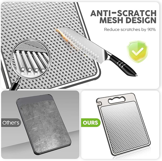 Double Sided 304 Stainless Steel & Wheat Straw Cutting Board, Non Toxic Chopping Board, Dishwasher Safe, Scratch Resistant Mesh Design, 16"*11"with 14.4"*9.8"