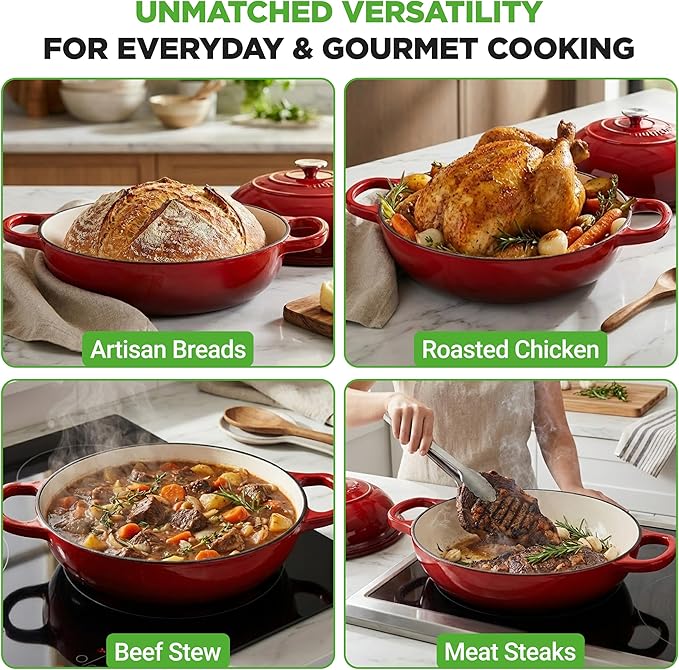 NutriChef 10.2" Enameled Cast Iron Bread Oven, Dome-Shaped Sourdough Baking Pan with Handles & Silicone Gloves, Oven-Safe to 500°F, Dishwasher Safe Dutch Oven Bread Pan (Red)
