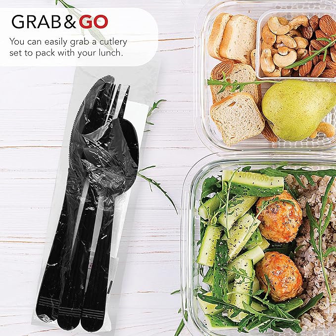 Party Essentials Individually Wrapped Plastic Cutlery Packets/Heavy Duty Silverware Kits, Fork/Spoon/Knife/Napkin/Salt/Pepper, 50 Utensils Sets, Black (Pack of 4)